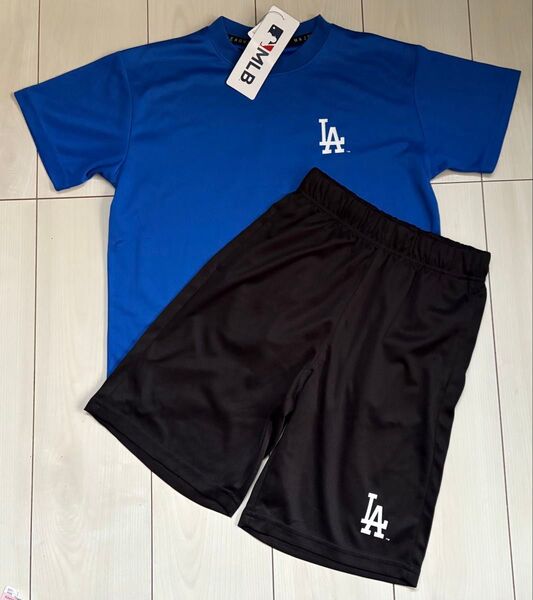 新品 150cm MLBドジャース 半袖上下セットアップ メッシュ ブルー