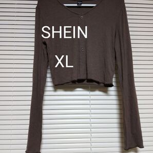SHEIN トップス ブラウン ヘンリーネック 長袖 ショート丈
