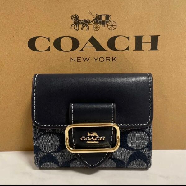 新品 COACH 長財布 コーチ 二つ折り財布 レディース メンズ ネイビー シグネチャー