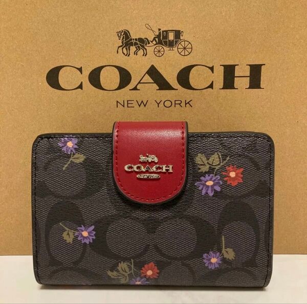 新品 COACH 長財布 コーチ 二つ折り財布 レディース メンズ ブラック レッド シグネチャー 花柄
