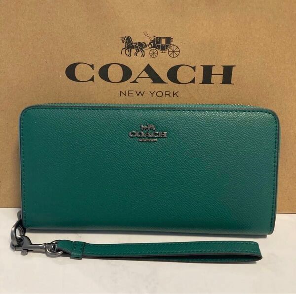 新品 COACH長財布 コーチ 長財布 レディース メンズ シンプル ゴールドグリーン