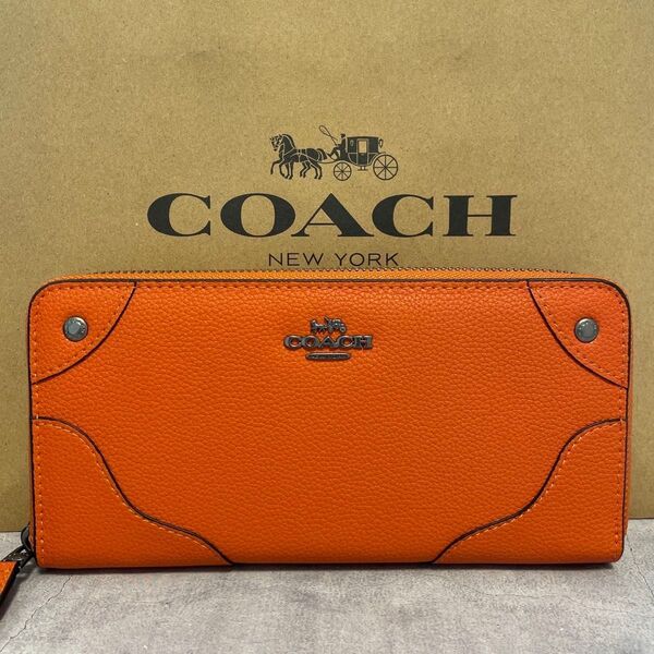 新品 COACH 長財布 コーチ 長財布 レディース オレンジ シルバー
