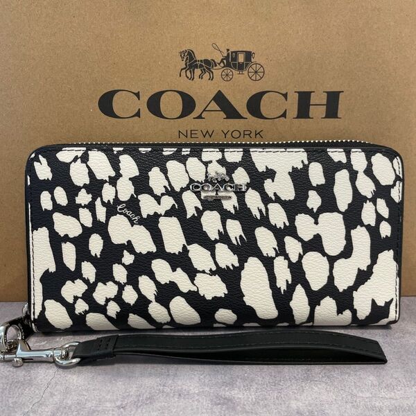 新品 COACH 長財布 コーチ レディース メンズ アニマルプリント ブラック ホワイト モノトーン
