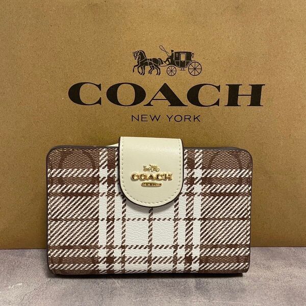 新品 COACH 長財布 コーチ 二つ折り財布 レディース メンズ ホワイト ブラウン シグネチャー