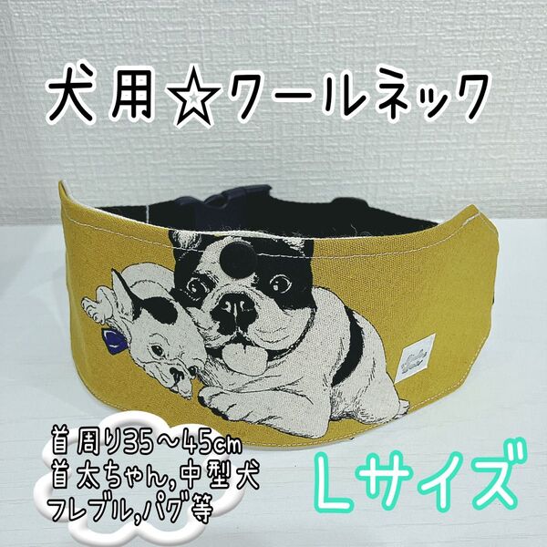【Lサイズ】着脱簡単!!犬用クールネック★フレンチブルドッグ柄★マスタード★中型犬 フレブルパグ等