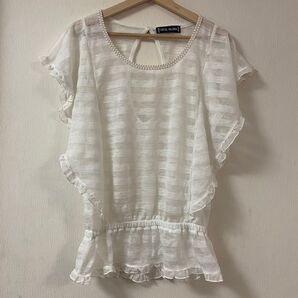 【美品】CECIL McBEE フリル付きホワイトシャツ 半袖 レース トップス 半袖 ホワイト ブラウス 白 M