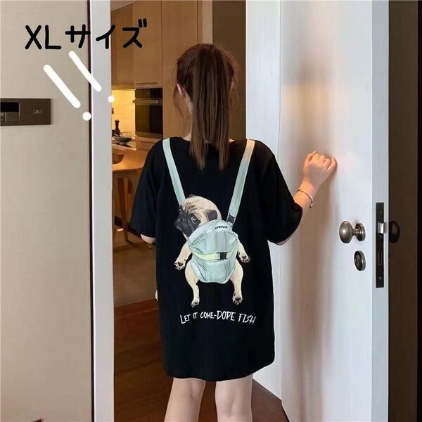 XLサイズ パグプリントTシャツ ブラック 半袖 ユニセックス
