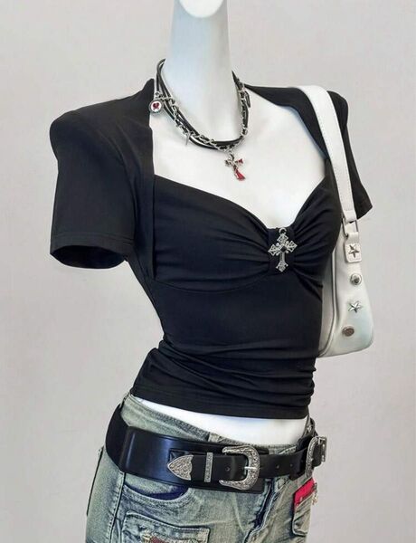 SHEIN EZwear 女性用 黒ニットVネック フィットTシャツ トップス
