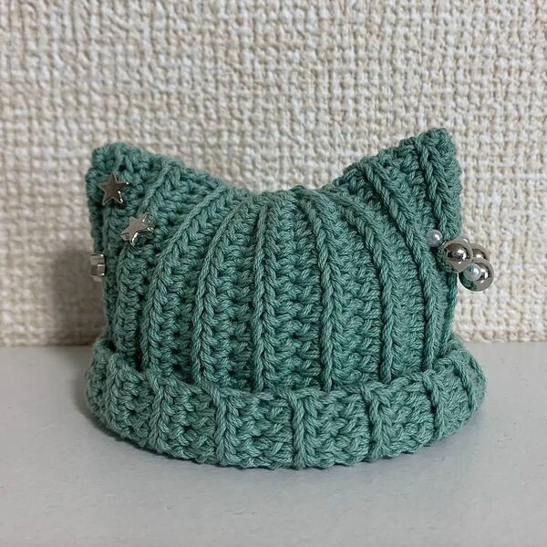 猫耳ニット帽 グリーン リボン 15cm ぬいぐるみ