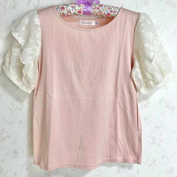 フラワーシフォンレースカットソー ピンク M 半袖 Tシャツ ボリュームスリーブ フレアスリーブ 綿 花柄 桜 クチュールブローチ