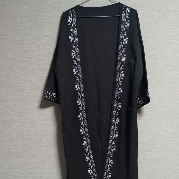 ロングカーディガン 刺繍 ブラック 七分袖 M