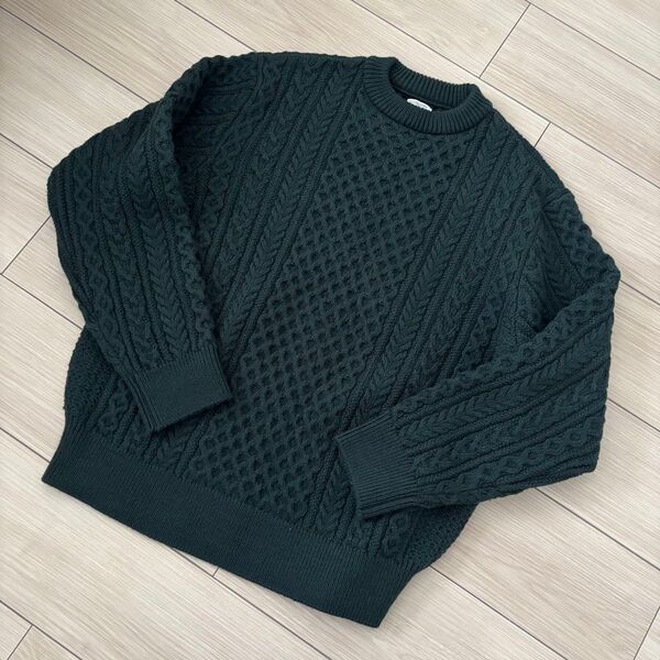 ヨネトミ YONETOMI NEW BASIC REBORN WOOL ARAN KNIT P/O size 4 ダークグリーン