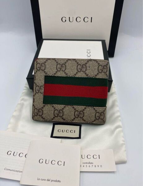 極美品 グッチ 二つ折り財布 PVC シェリーライン レザー ブラック 黒 GUCCI