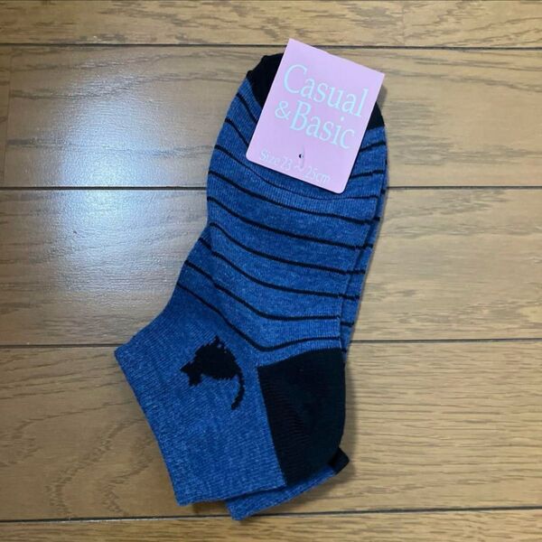 た)レディース靴下 ブルー系猫柄 Casual&Basic 靴下 23~25cm ブルー ボーダー柄 レディース