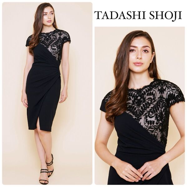 美品 定価9.2万 タダシショージ TADASHI SHOJI スズランレース ウエストタックドレス ギャザーワンピース 黒