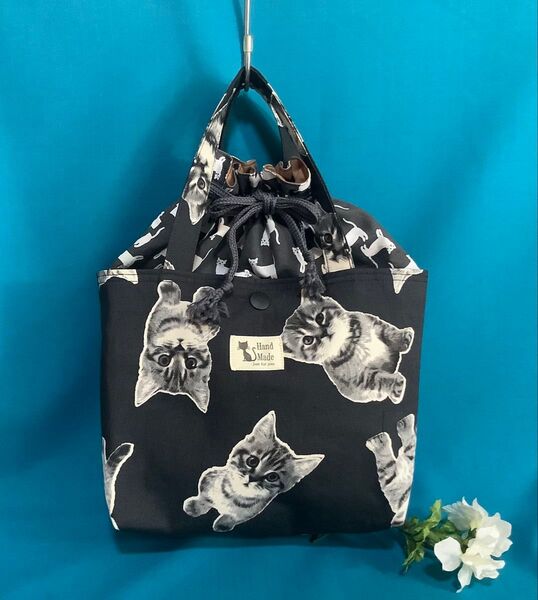 あおり巾着トートバッグ ハンドメイド 猫柄