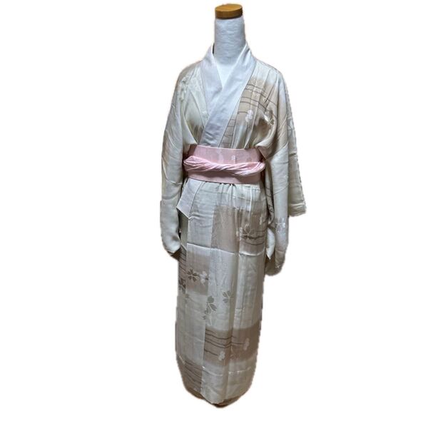正絹 単 長襦袢 小柄な方向け 桜 無双袖 手縫い バチ衿 身丈約113cm 裄丈約65cm