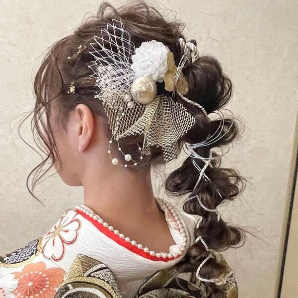 チュールたっぷり!和装ヘアアレンジ プリザーブドフラワー ★成人式/卒業式/七五三/結婚式 水引き/金箔