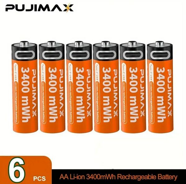 大容量 新品 単3電池 6本セット PUJIMAX 1.5V 3400mWh リチウムイオン AA