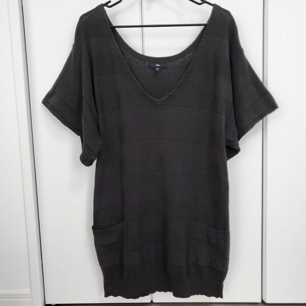 【訳あり】匿名配送:GAP ニットボーダー半袖Tシャツ/カットソー 黒 Mサイズ