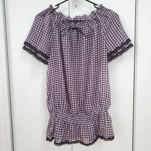 匿名配送:ギンガムチェックシアーシャーリング半袖ブラウス/カットソー 紫/黒 M