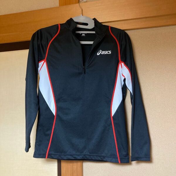 asics アシックス ハーフジップ 長袖シャツ S黒×白×赤 スポーツウェア