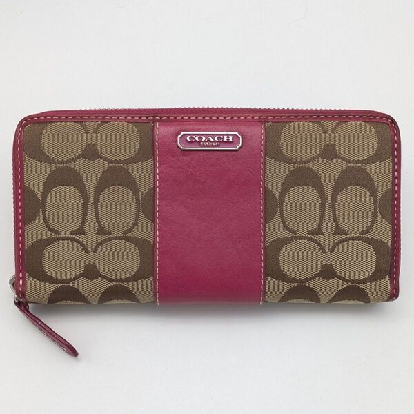 COACH 長財布 キャンバス レザー ピンク ベージュ ラウンドジップ ロングウォレット コーチ シグネチャー