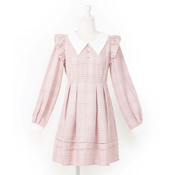 配色角襟フリルタック長袖ワンピース 大きいサイズ ピンクチェック DearMyLoveRose 夢展望