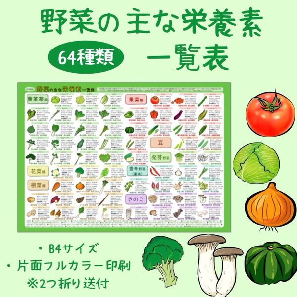 野菜の主な栄養素一覧表【B4サイズ ミニポスター】~食生活に役立つ、64種類の野菜データをひと目でチェック~