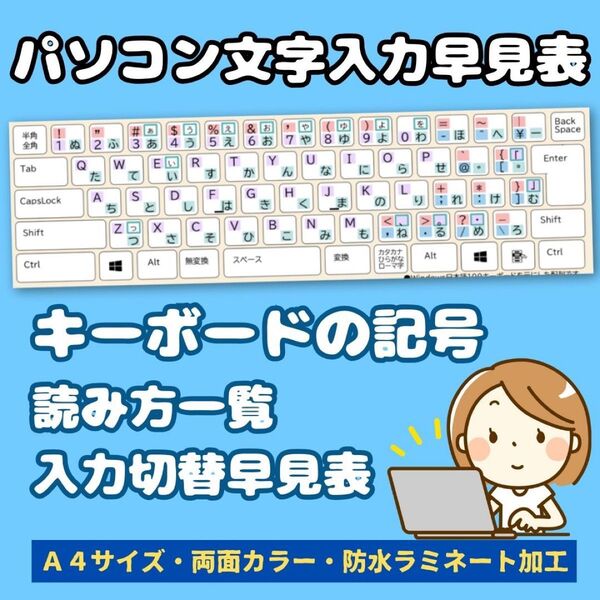 パソコン★文字入力表・キーボードの記号読み方一覧表 A4パウチ・ラミネート加工