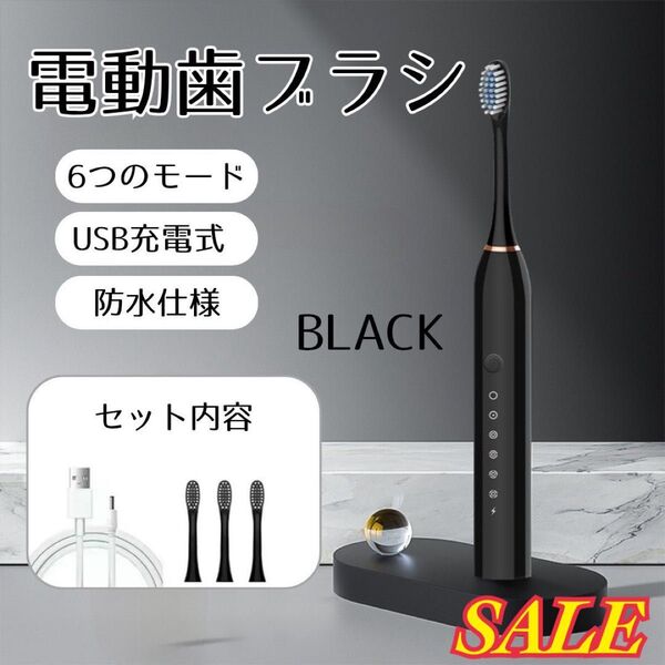 ☆SALE☆ 電動歯ブラシ 替えブラシ付き 防水 音波 振動 充電 6モード 口臭 歯石除去 歯ブラシ