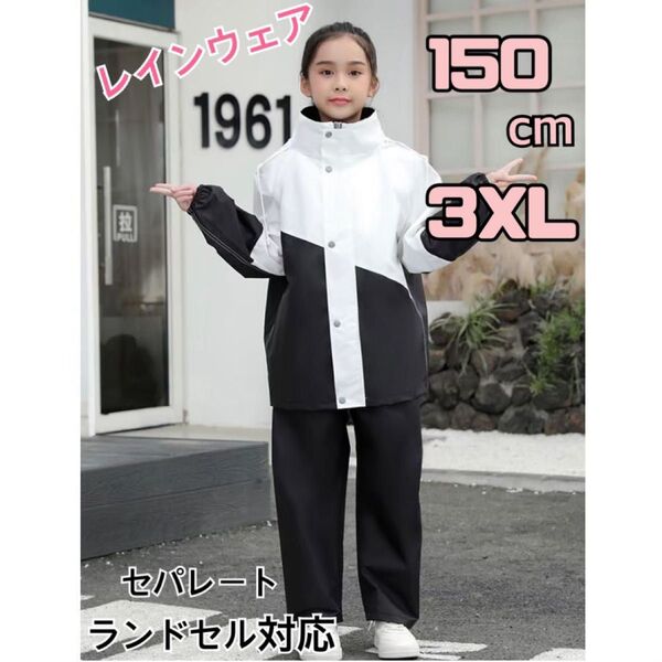 レインコート 3XL 150cm セパレート ランドセル対応 上下2点 収納ケース付き バイカラー 白 黒 雨具