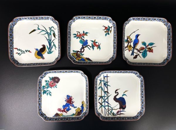 骨董時代物「九谷唐草金盃5客」（桐の共箱入 蓋に欠損あり） 工芸品
