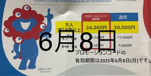 紙1枚、記載内容:6月8日期限大阪・関西万博 入場券 割引券