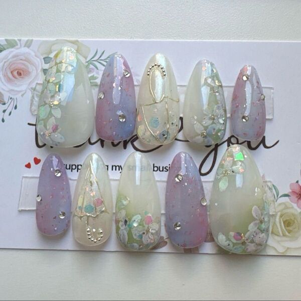【現品販売】ネイルチップ ミラーネイル 梅雨ネイル 紫陽花ネイル 傘ネイル