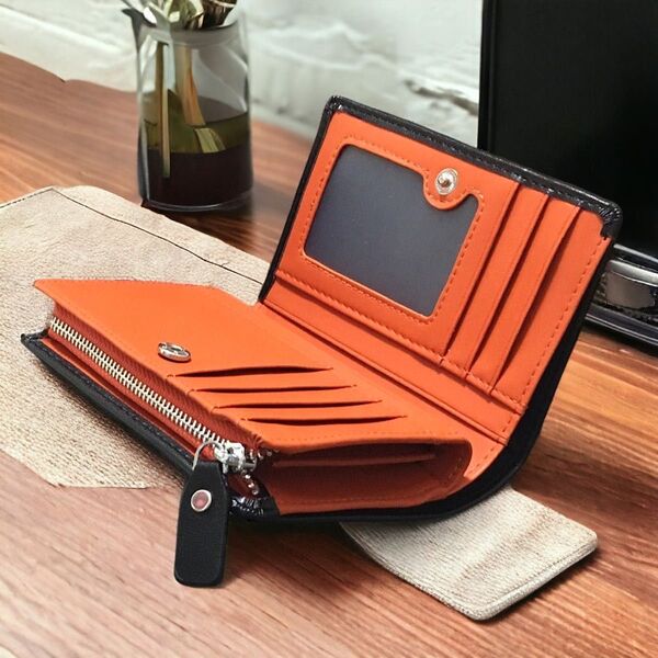 艶のある二つ折り財布 黒 オレンジ メンズ レディース 小銭入れ カードケース
