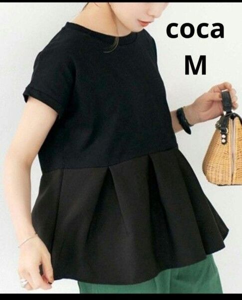 coca 異素材切り替えフレンチスリーブフレアトップス 黒 M