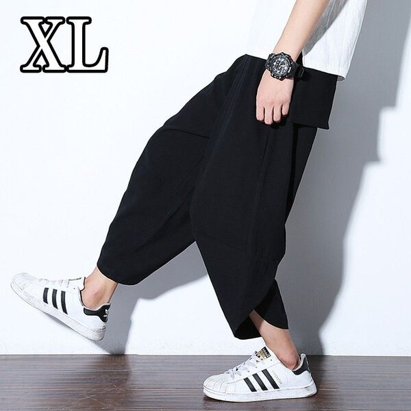サルエルパンツ メンズ XL LLサイズ レディース 黒 ブラック ハーフパンツ クロップドパンツ ワイドパンツ ストリート