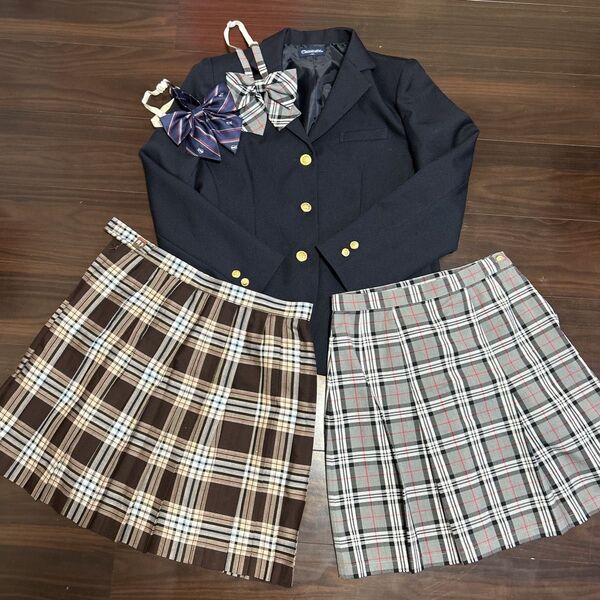 なんちゃって学生服セット ブレザーとチェックスカート2枚 リボン2個