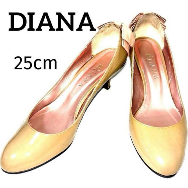 希少品 DIANA エナメルパンプス 25cm リボン ベージュ パンプス ハイヒール