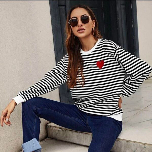 SHEIN ハート柄 ストライプ 長袖トップス スウェット シャツ XL