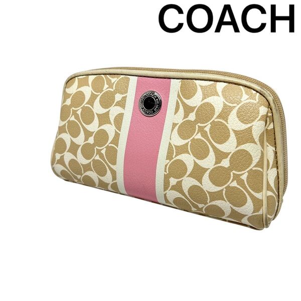 【COACH】 コーチ シグネチャー ラウンドファスナー ピンク ポーチ レザー 小物入れ コスメポーチ メイクポーチ ピンク