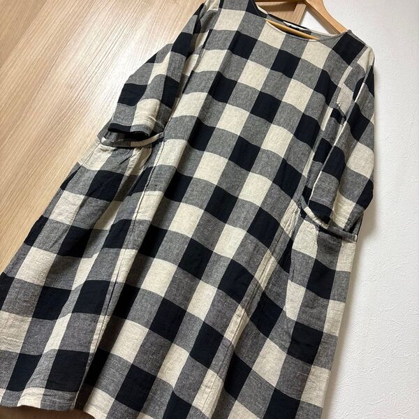 sunvalley☆麻綿ブロックチェックゆったり長袖ワンピース