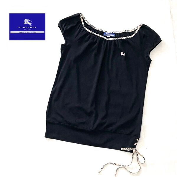★BURBERRY BLUE LABELバーバリーブルーレーベルパフスリーブカットソー ホースロゴ刺繍入りノバチェック
