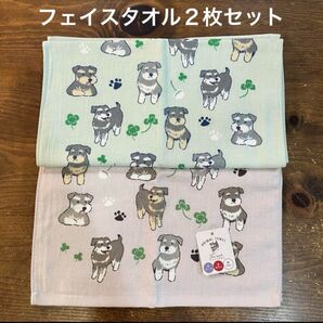 【新品】ガーゼ&無撚糸フェイスタオル 犬柄 ミニチュアシュナウザー 2枚