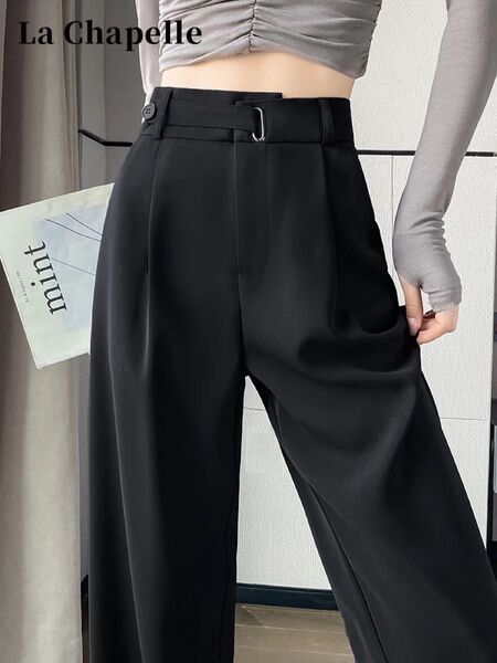 黒スラックス ベルト付き ハイウエスト 長パンツ
