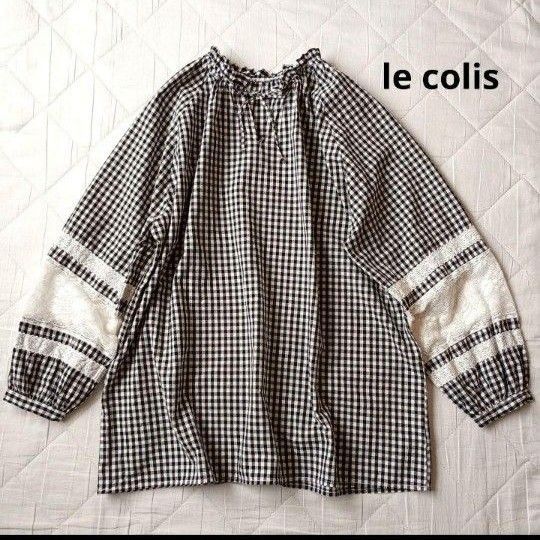 極美品 le colis ルコリ ギンガムチェック ブラウス レース ナチュラン コットン ゆったり 体型カバー プルオーバー