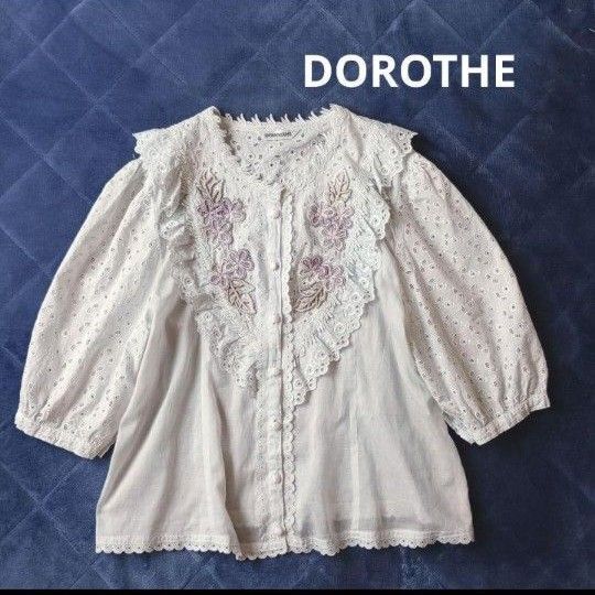 美品 DOROTHE 日本製 レースブラウス 刺繍 昭和レトロ ボリュームスリーブ コットン ピンクハウスお好きな方に!