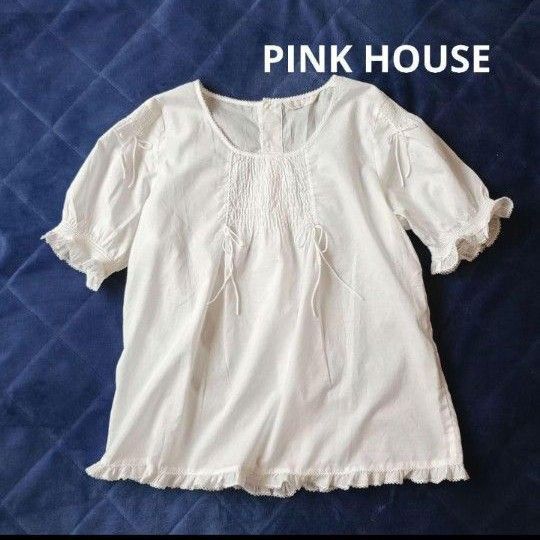 美品 PINK HOUSE ピンクハウス シャーリングブラウス パフスリーブ リボン コットン 半袖 フリル