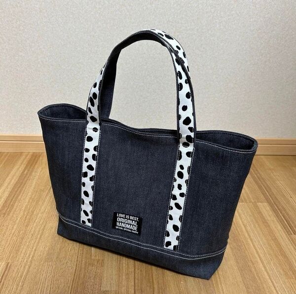 ニットデニム(ブラック)×ダルメシアン柄 トートバック used ハンドメイド